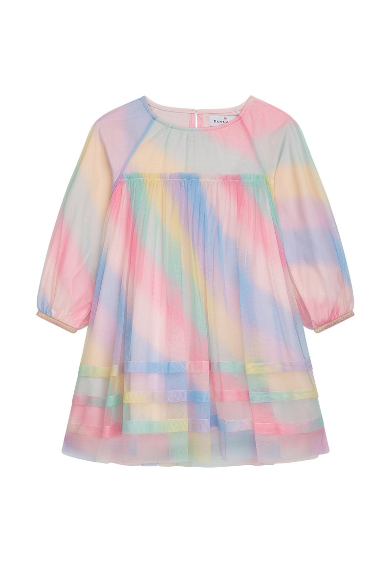 Pastellfarbiges Tüllkleid mit langen Ärmeln, gerafftem Taillienbereich und schichtiger Rockpartie. Es hat horizontale Streifen in Pink, Blau und Gelb.