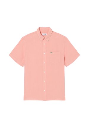 Kortärmelig roze overhemd voor heren met knopen, kraag, borstzak en klein geborduurd logo op de zak.