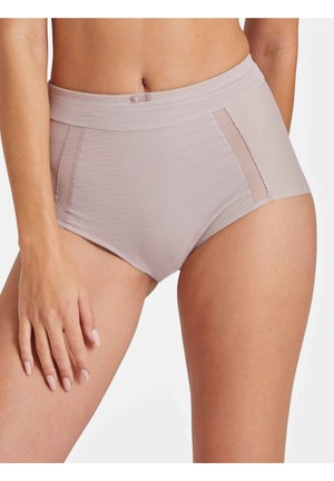 High-waisted beige underwear with mesh side panels, smooth texture, wide elastic waistband, and subtle stitching details.