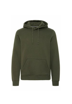 Sudadera verde, tejido de mezcla de algodón, capucha con cordón, bolsillo canguro, puños y dobladillo acanalados, textura suave, sin patrones o acentos visibles.