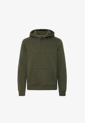 Felpa verde, tessuto misto cotone, cappuccio con coulisse, tasca a marsupio, polsini e orlo a costine, texture liscia, senza modelli o decorazioni visibili.