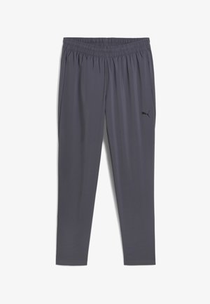 Graue Sporthose mit elastischem Bund, seitlichen Taschen und einem schwarzen Logo am linken Oberschenkel. Hergestellt aus einem leichten, glatten Material.