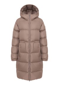 Brązowa puchowa kurtka z kapturem, z zamkiem błyskawicznym z przodu, elastycznym sznurkiem w talii oraz zapinanymi na guziki mankietami. Wykonana z gładkiego, pikowanego materiału.