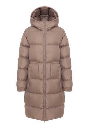 Brązowa puchowa kurtka z kapturem, z zamkiem błyskawicznym z przodu, elastycznym sznurkiem w talii oraz zapinanymi na guziki mankietami. Wykonana z gładkiego, pikowanego materiału.