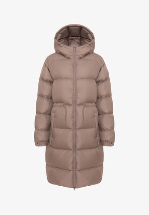 Brauner Steppmantel mit Kapuze, ausgestattet mit einem Reißverschluss vorne, elastischem Kordelzug in der Taille und geknöpften Manschetten. Hergestellt aus glattem, gestepptem Material.