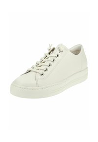 White leather sneakers with a rounded toe, tonal stitching, and metal eyelets. Flat laces and a rubber sole add to the design.