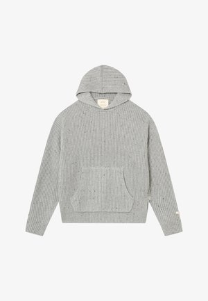 Pulover cu glugă tricotat, de culoare gri deschis, cu buzunar frontal de tip kangaroo și mâneci lungi, expus plat pe un fundal alb.