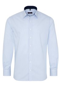 Camicia a righe blu chiaro con maniche lunghe, chiusura a bottoni e colletto a motivo contrastante. Realizzata in un tessuto morbido, presenta bottoni bianchi.