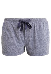 Gray shorts made from a soft, textured fabric. Features an elastic waistband and a dark blue drawstring. Short length, casual design.