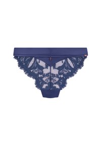 Marineblaue Spitze Damenunterwäsche mit floralen Mustern und elastischem Bund, flach auf weißem Hintergrund angeordnet.