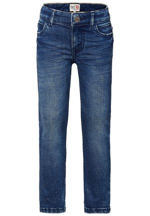 Jean en denim bleu foncé avec poches avant, passants pour ceinture, fermeture par bouton, et détails de texture délavée sur les cuisses et les genoux.