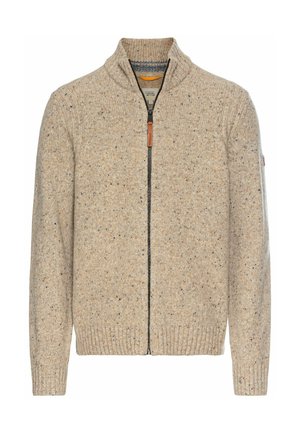 Herre zip-up sweater i beige strikmateriale med orange og marinblå striber. Har en stå-rigtig krave samt ribstrikket kant og manchetter.