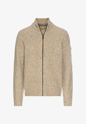 Sweatshirt zippé pour homme en tricot beige avec des fils orange et marine. Il a un col montant et un ourlet et des poignets côtelés.