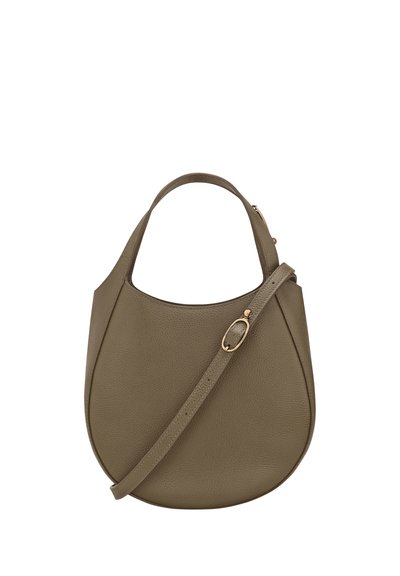Olive green leather handbag with a rounded shape, dual handles, and a detachable shoulder strap. Features gold-tone hardware accents.