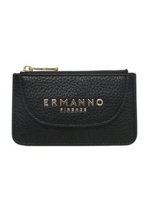 Portafoglio in pelle nera testurizzata con cerniera dorata e logo dorato "ERMANNO FIRENZE" sulla patta anteriore.