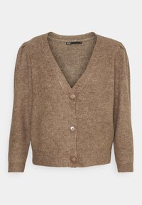 Hnědý žebrovaný pletený kardigan s výstřihem do V, dlouhými rukávy a čtyřmi knoflíky. Měkká textura s mírně zkráceným střihem.