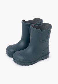 Bottes de pluie en caoutchouc vert foncé avec une doublure en tissu texturé, bout rond et semelle crantée pour une meilleure adhérence. Design à hauteur de cheville.
