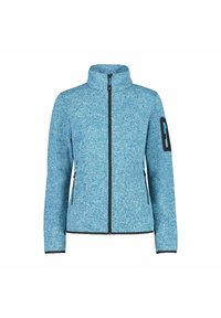 Vaaleansininen vetoketjullinen fleece-takki, jossa on korkea kaulus, musta vetoketju, kaksi etutaskua ja vetoketjullinen tasku vasemmassa hihassa.