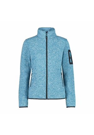 Vaaleansininen vetoketjullinen fleece-takki, jossa on korkea kaulus, musta vetoketju, kaksi etutaskua ja vetoketjullinen tasku vasemmassa hihassa.