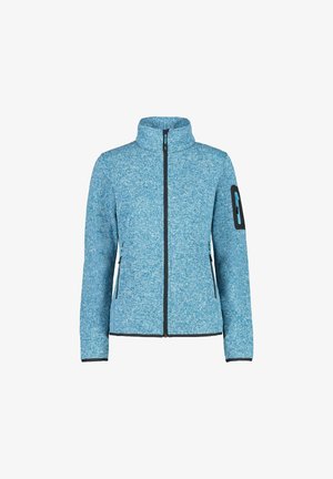 Vaaleansininen vetoketjullinen fleece-takki, jossa on korkea kaulus, musta vetoketju, kaksi etutaskua ja vetoketjullinen tasku vasemmassa hihassa.