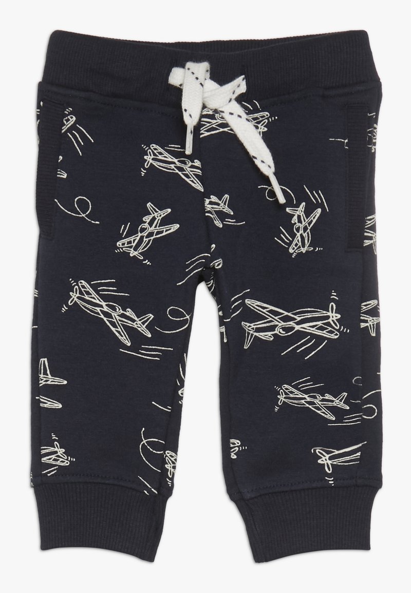 Pantalon bleu marine pour tout-petit avec esquisses blanches d'avions, poignets côtelés, poches latérales et cordon blanc à la taille élastique.