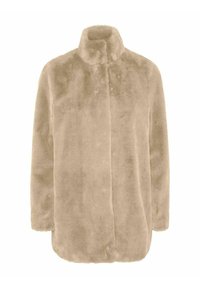 Béžový kabát z umělé kožešiny s vysokým límcem, dlouhými rukávy a rovnými liniemi. Měkká textura a žádné viditelné zapínání ani vzory.