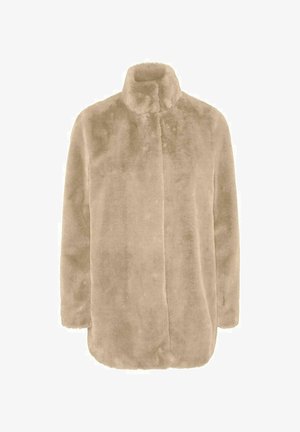 Beige faux fur frakke med høj krave, lange ærmer og lige snit. Blød tekstur og ingen synlige lukninger eller mønstre.