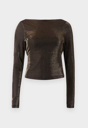 Long-sleeve, cropped top in shiny bronze fabric with a smooth texture and a square neckline. Simple design with no notable patterns or accents.