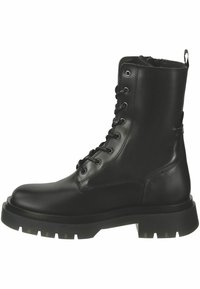 Black leather ankle boot with rounded toe, lace-up front, and thick, textured sole. Features a pull tab at the back for easy wear.