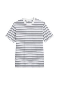 Gestreiftes T-Shirt in Weiß mit horizontalen marineblauen Linien, kurzen Ärmeln und rundem Ausschnitt. Weicher Baumwollstoff mit geripptem Halsausschnitt.