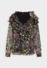 Blouse à motif floral avec col et manches à volants. Présente des couleurs vives, des accents noirs et un décolleté en V profond. Tissu léger.
