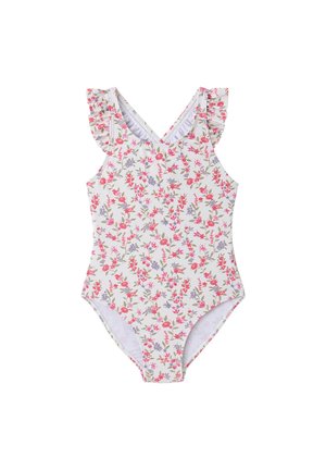 White sleeveless girl’s swimsuit with pink, red, and purple floral print and ruffled shoulder straps.