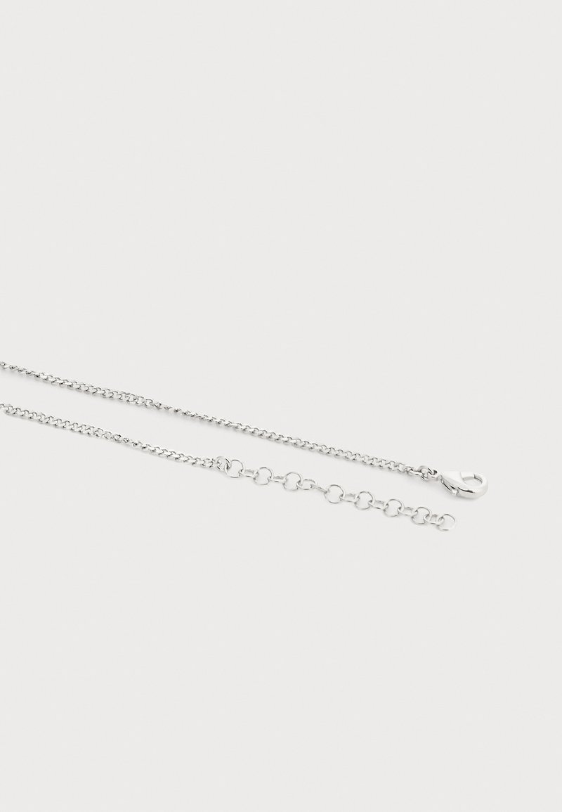 Collana sottile color argento con chiusura a moschettone e anelli di prolunga regolabili su sfondo bianco.