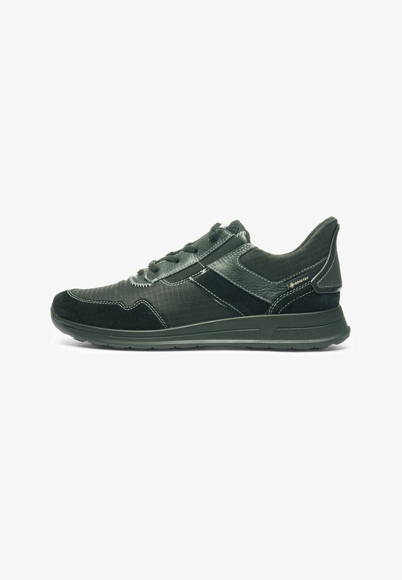 Men's black athletic sneaker with Gore-Tex fabric, lace-up closure, and cushioned sole on a white background, side view.