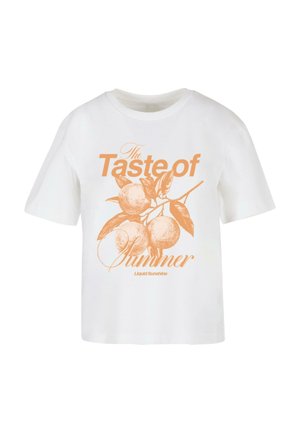 White cotton t-shirt with short sleeves. Features a peach graphic design in orange with text that reads "The Taste of Summer Liquid Sunshine."