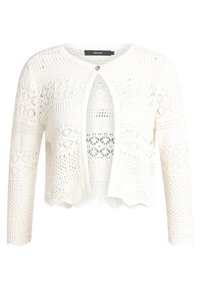 Cardigan bianco all'uncinetto con maniche lunghe, apertura davanti, motivi testurizzati e orlo scallop. Presenta una chiusura con un singolo bottone.