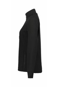 Black fleece jacket with a high collar, featuring a fitted design, long sleeves, and a side seam logo detail. Smooth texture.