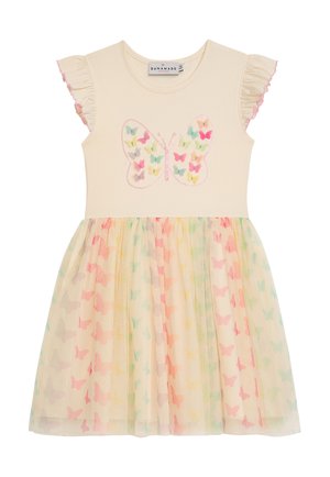 Cremefarbenes Kleid mit kurzen Rüschenärmeln. Mit einem Schmetterlingsmotiv und einem mehrfarbigen Schmetterlingsmuster auf dem Tüllrock.