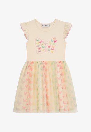 Cremefarbenes Kleid mit kurzen Rüschenärmeln. Mit einem Schmetterlingsmotiv und einem mehrfarbigen Schmetterlingsmuster auf dem Tüllrock.