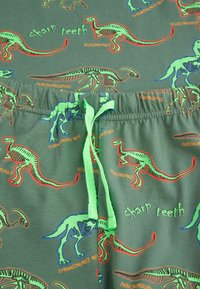 Zielone bawełniane szorty z wzorem kości dinozaura w czerwono-niebieskie, z jasną zieloną sznurkiem ściągającym i napisem "ostre zęby".