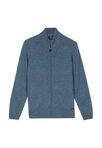 Blauwe gebreide cardigan met een ruitmotief, voorzien van een hoge kraag, volledige ritssluiting en twee zijzakken. Zachte textuur.