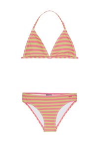 Bikini set s ružovými a limetkovozelenými horizontálnymi pruhmi. Vrchná časť má trojuholníkový dizajn s nastaviteľnými popruhmi; spodná časť má klasický strih.