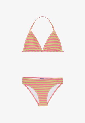 Bikini sæt med pink og limegrønne vandrette striber. Toppen har en trekantet design med justerbare stropper; bunden har en klassisk pasform.