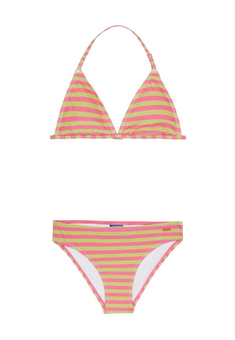 Bikini set s ružovými a limetkovozelenými horizontálnymi pruhmi. Vrchná časť má trojuholníkový dizajn s nastaviteľnými popruhmi; spodná časť má klasický strih.