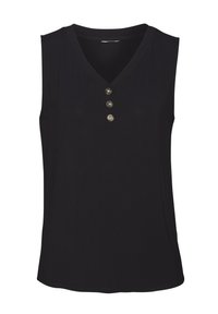 Top senza maniche nero con scollatura a V e quattro bottoni frontali. Realizzato in un tessuto morbido con una vestibilità comoda e orlo dritto.