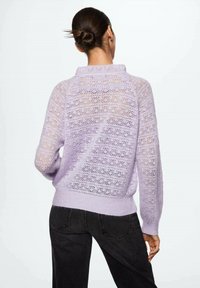 Pull en tricot lilas avec un motif ouvert texturé, manches longues et ourlet côtelé. Associé à un pantalon noir. Modèle vu de dos.