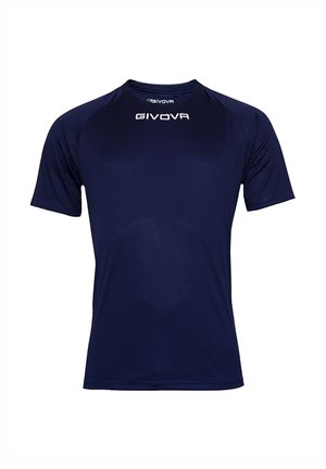 Marineblauwe sportieve T-shirt met korte mouwen van synthetische stof. Heeft een ronde hals en het GIVOVA-logo op de voorkant gedrukt. Gladde textuur.
