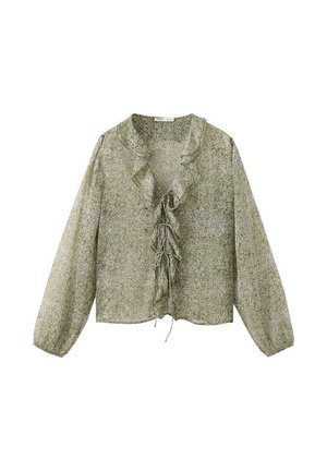 Langärmelige, hellolivgrüne Bluse mit dezentem Paisley-Muster, gerafftem Kragen, Vorderdetail mit Schnürung und elastischen Bündchen.