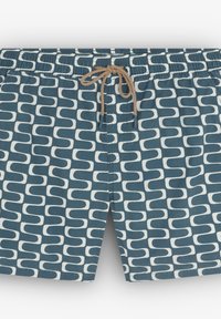 Shorts de bain en teal avec un motif abstrait blanc. Ils présentent une taille élastique, un cordon de serrage avec des accents beiges et un détail de bouton.