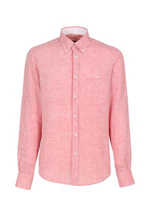 Svetloružová košeľa na gombíky z textúrovaného materiálu. Má golier, dlhé rukávy a malú bielu logo na ľavej strane hrudníka.